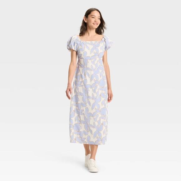 A New Day NWT Women's Puff Short Sleeve Maxi Dress Blue Cream Floral XS - Picture 1 of 12